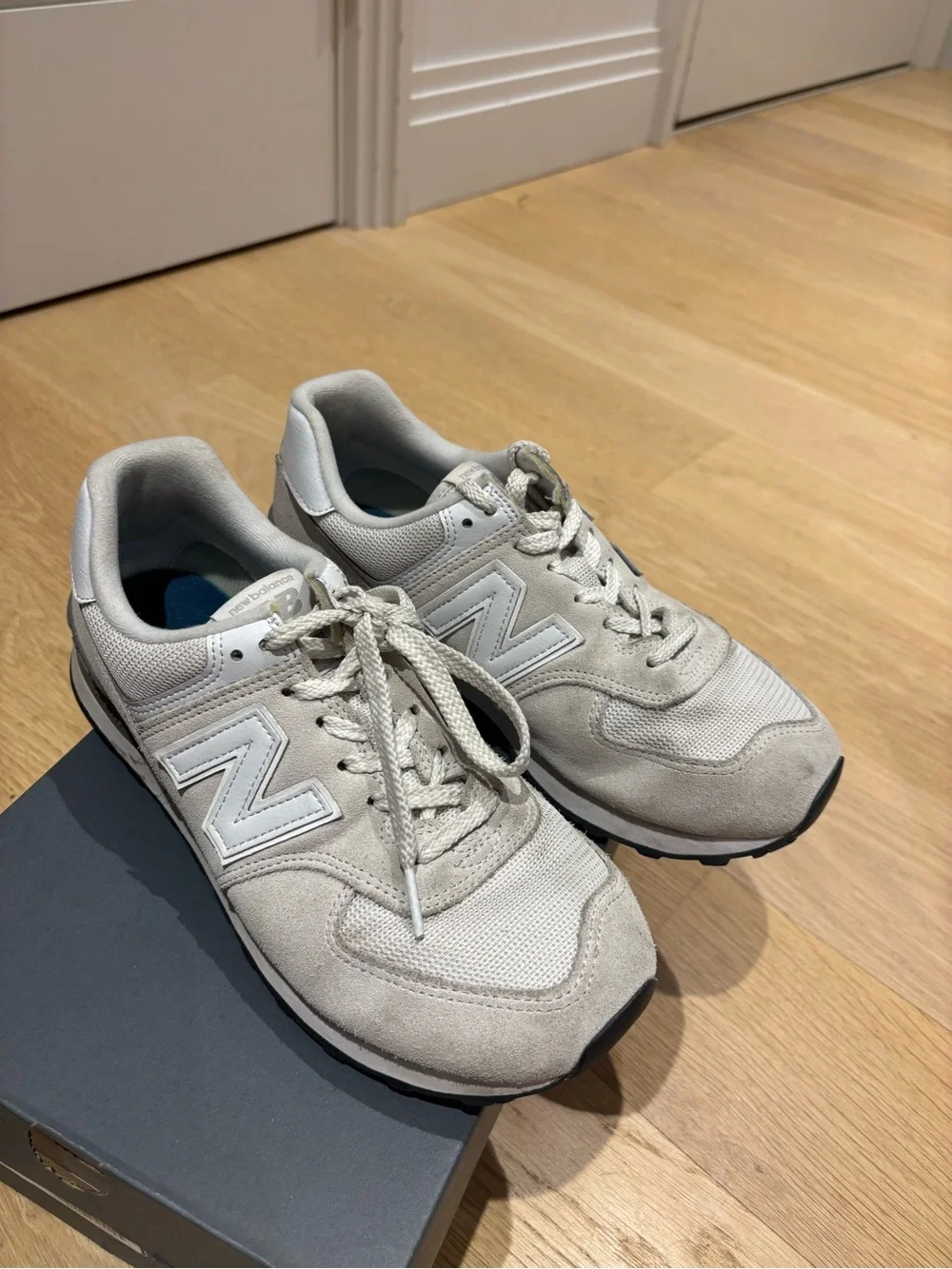 New Balance Beige and White Suede Mesh Sneakers
